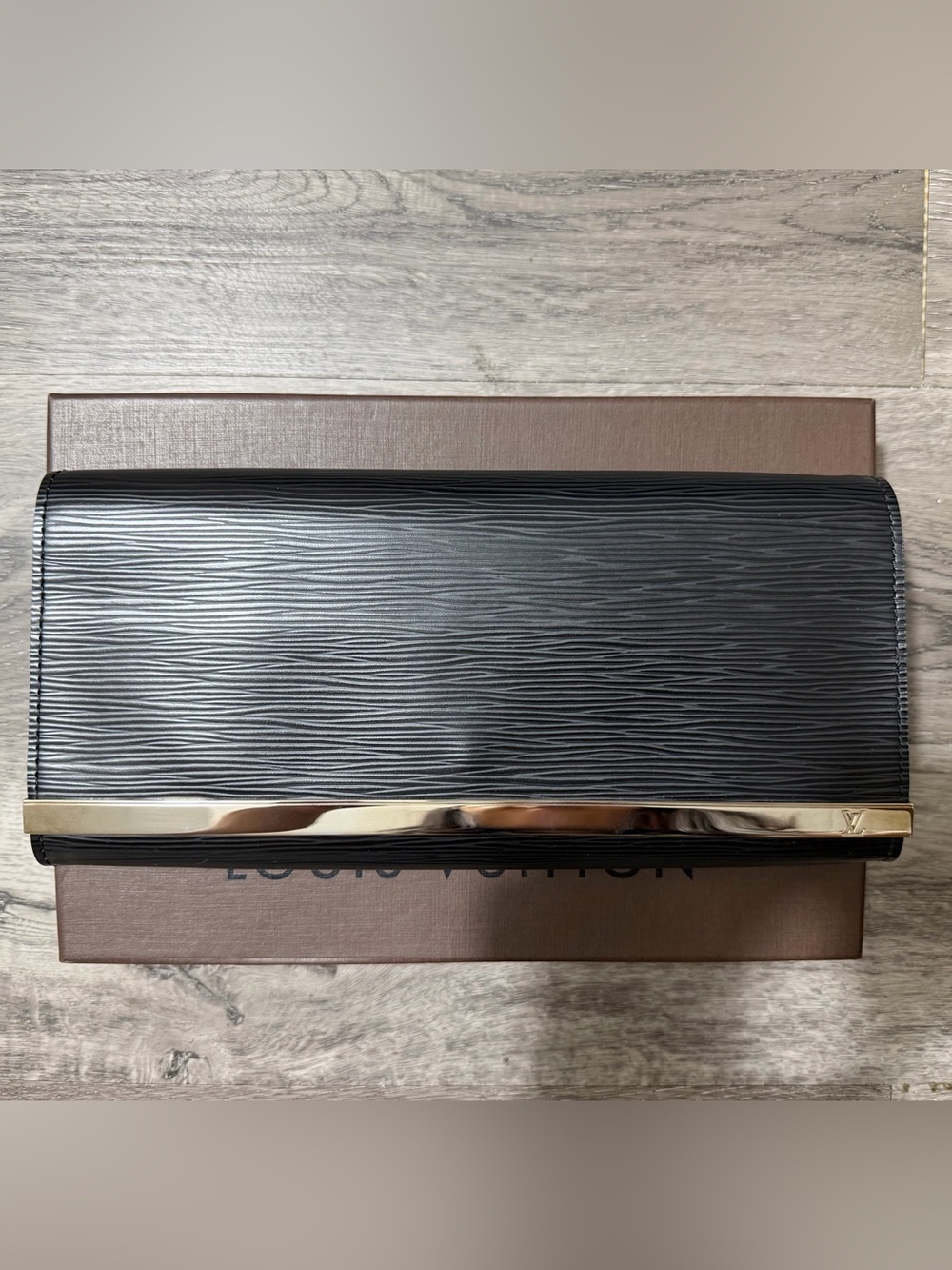 Louis Vuitton Black Sevigné Leather Clutch with Gold Trim
